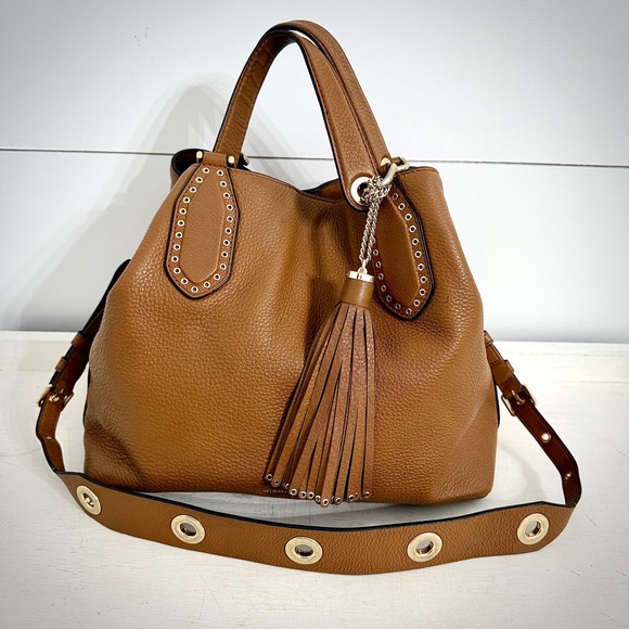 Michael Kors Brooklyn Leather Tassel Grommet Satchel Tote Bag Purse in Acorn - Picture 5 of 16